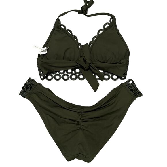 Becca Siren Eyelet Crochet Halter 2 Piece Bikini Top and Bottom Green Small - Picture 3 of 5